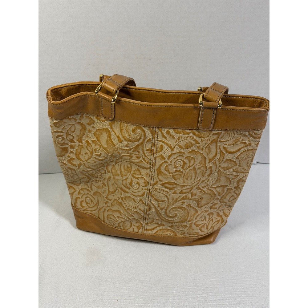 SAS Tote Bag Medium Tan Floral Embossed Leather Made in USA Shoulder Bag